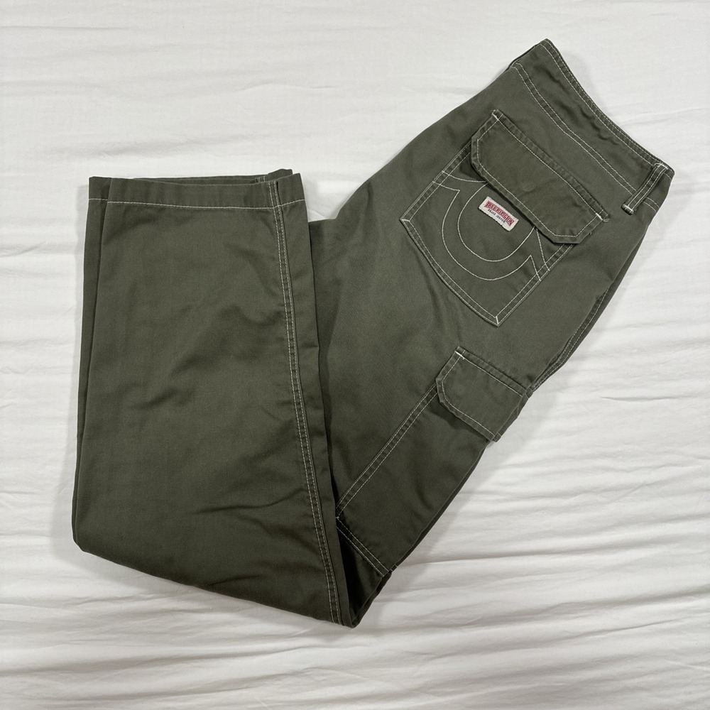 True Religion Baggy Cargo Pants Khaki Green Men's Size 34x32 Wide Leg Y2K Sk8